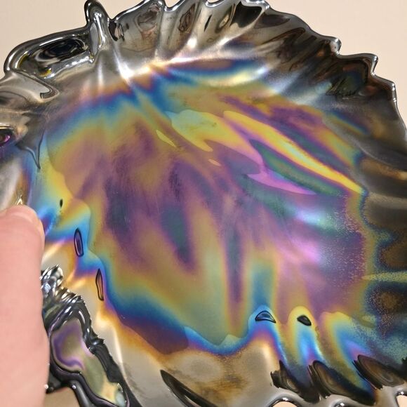 Yalos Casa Murano Glass Black Iridescent Large Leaf Dish Bowl Italy Vintage - Picture 4 of 8